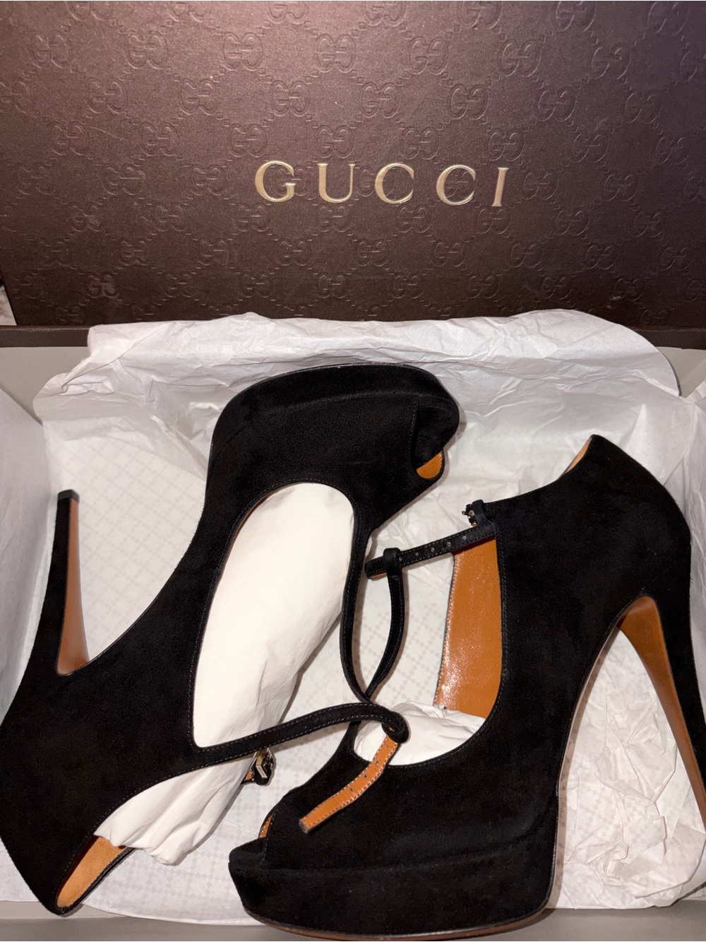 Gucci Black Suede T-Strap Platform Pumps with Tan Accents